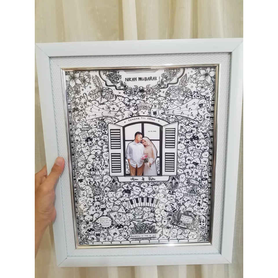 DOODLE ART WEDDING CUSTOM VARIASI FOTO, FRAME LINEN MINIMALIS (UKURAN 20x25CM, 25x30CM, 25x35CM)