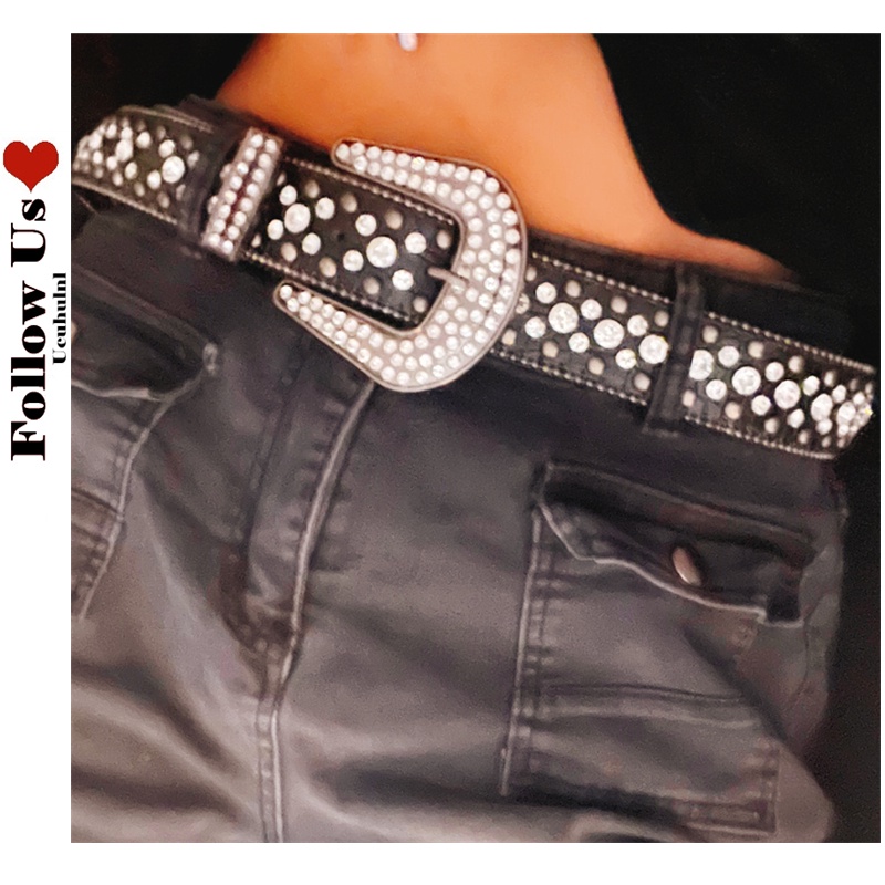 Punk Designer Rhinestone Belt Western Cowboy Diamond Studded Belt Quality Genuine PU Leather Punk Bl