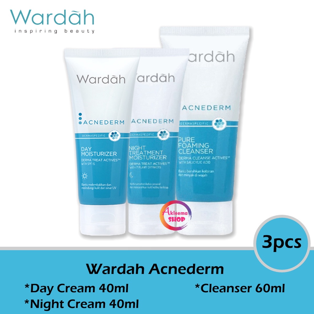 Paket Wardah Acnederm Perawatan Jerawat 3pcs (Day 40ml+Night 40ml+Cleanser 60ml)