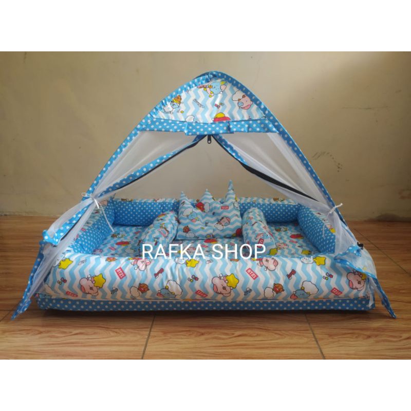 KASUR BAYI KELAMBU TENDA TERPISAH BT21 + BANTAL MAHKOTA + TAS MIKA