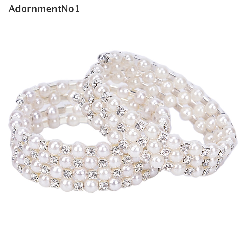 (AdornmentNo1) Gelang Bangle Cuff Lebar Elastis Multilayer Aksen Mutiara + Kristal Imitasi Untuk Wanita