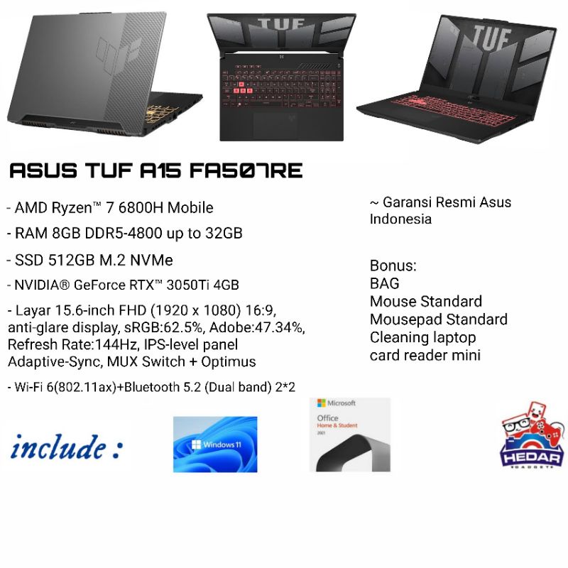 ASuS TUF A15 FA507RE Ryzen 7 6800H 8GB 512GB RTX3050Ti W11 OHS 15 FHD 144Hz