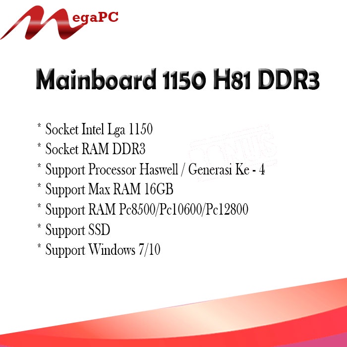 Paket Mainboard 1150 H81 DDR3 + Core i3 4150 + FAN + RAM 4GB