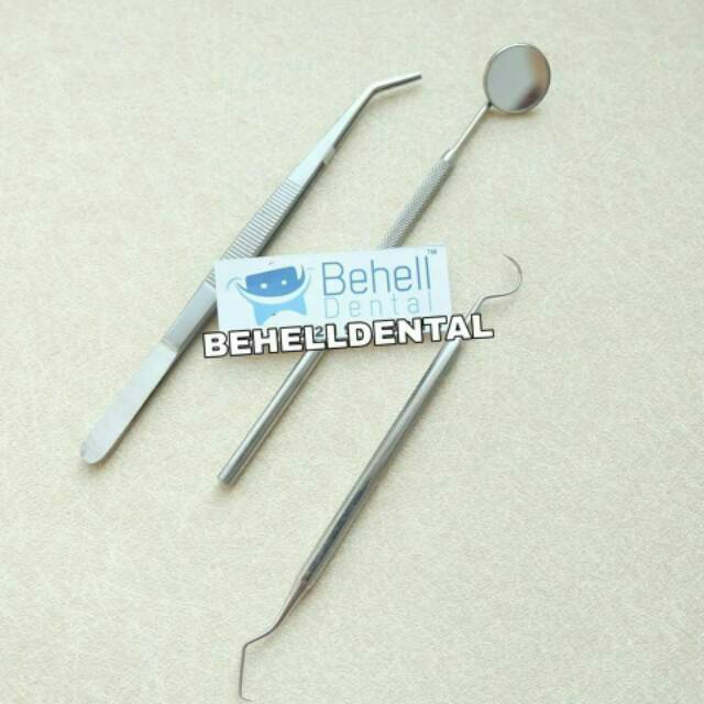 ALAT PEMBERSIH KARANG GIGI PLAK [ BESI ] Sonde Pinset Behel Bracket Kaca Mulut Set Instrument Mini Kit 3