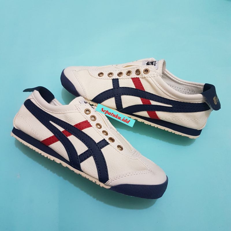 OBRAL SEPATU 0N1TSUKA T1GER CREAM NAVY MERAH BAHAN KANVAS TANPA TALI