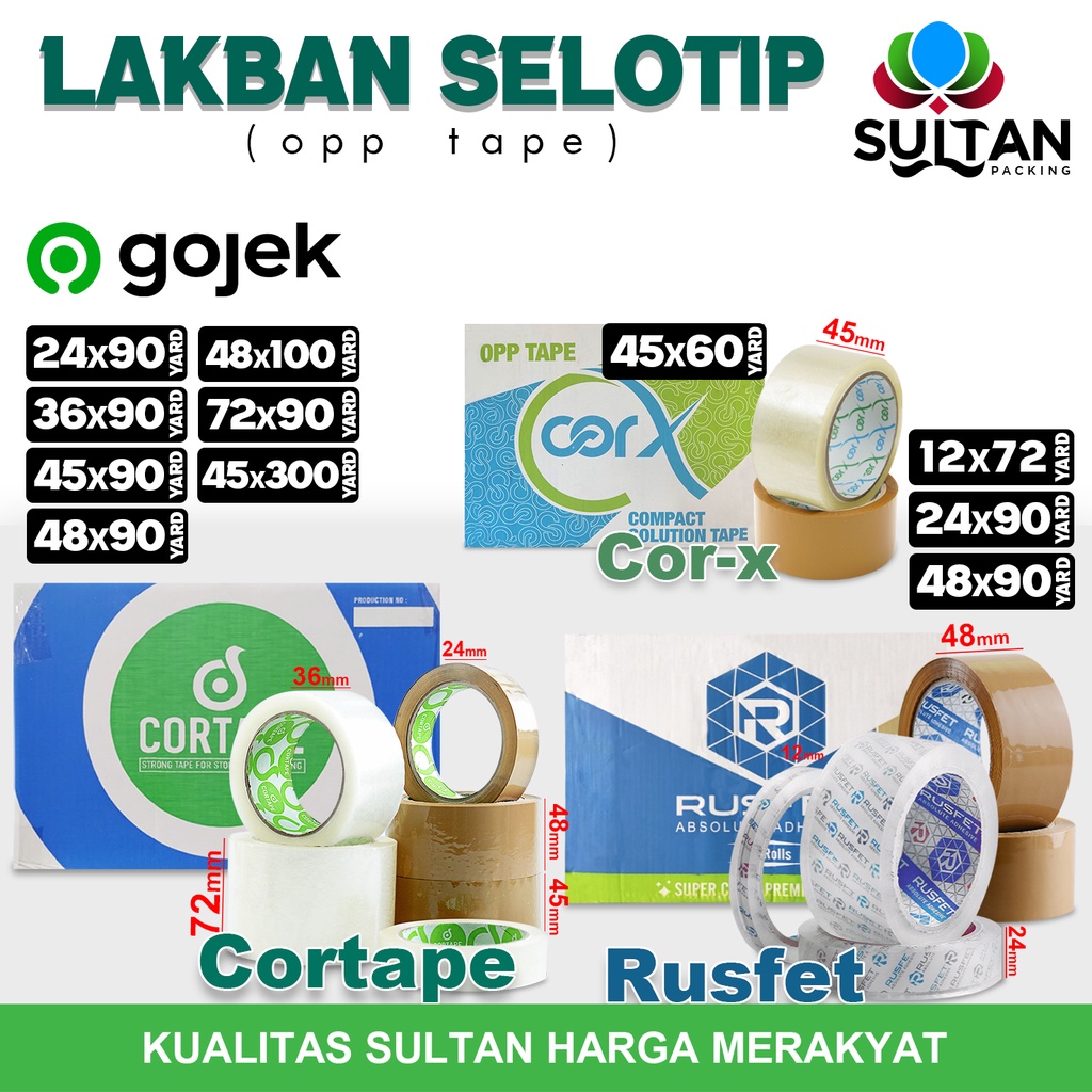 

Arm Lakban Isolasi Selotip OPP Tape CORTAPE RUSFET Plakban Packing TERMURAH OJOL / DUS