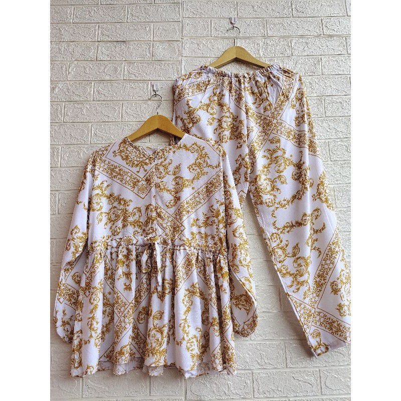 S,M,L,XL,XXL PAJAMAS BUSUI LD 100-120,TANGAN PANJANG,PAJAMAS RAYON DEWASA,ONE SET-SULTAN PUTIH GOLD