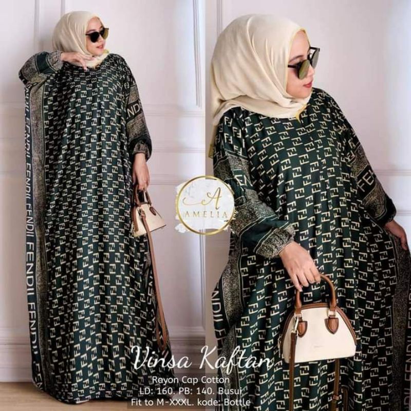 Kaftan Wanita Jumbo XXXXL Popy Vinsa Kaftan Motif Branded Fendiy Lengan Panjang Busui Resleting Gami