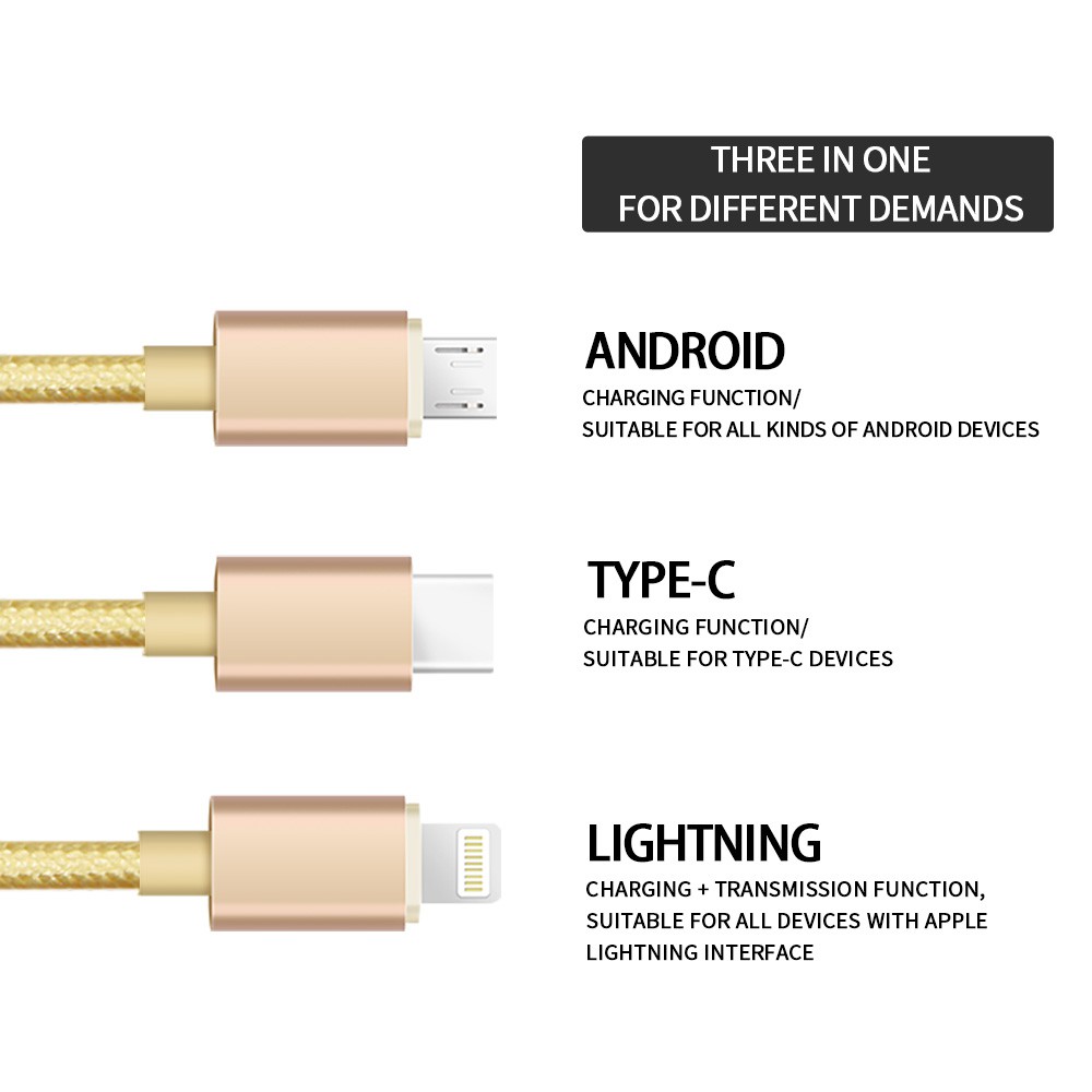 Kivee Kabel 3-IN-1 Android Micro USB Type-C IOS Iphone Fast Charging Samsung Iphone2.1A