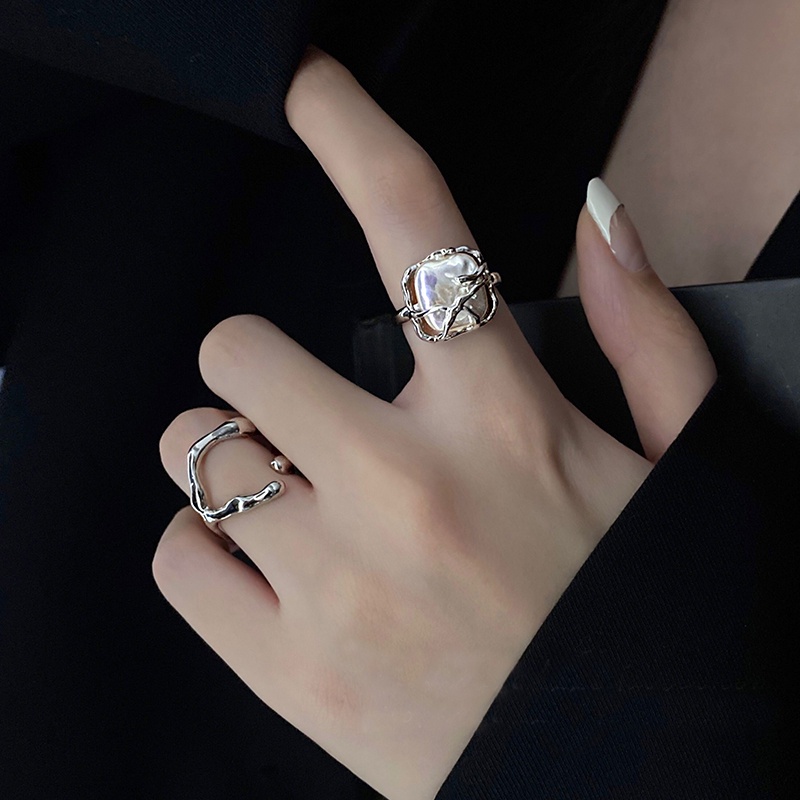 2pcs / Set Cincin Model Terbuka Desain Geometri Hias Mutiara Warna Silver Gaya Elegan Untuk Wanita