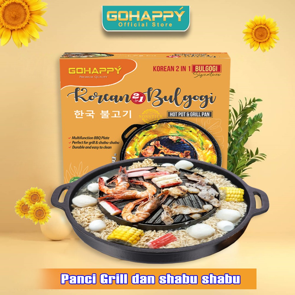 Panci Pemanggang dan Hot pot Grill Pan barbeque korea Gohappy Mookata [2 in 1 BULGOGI PAN]