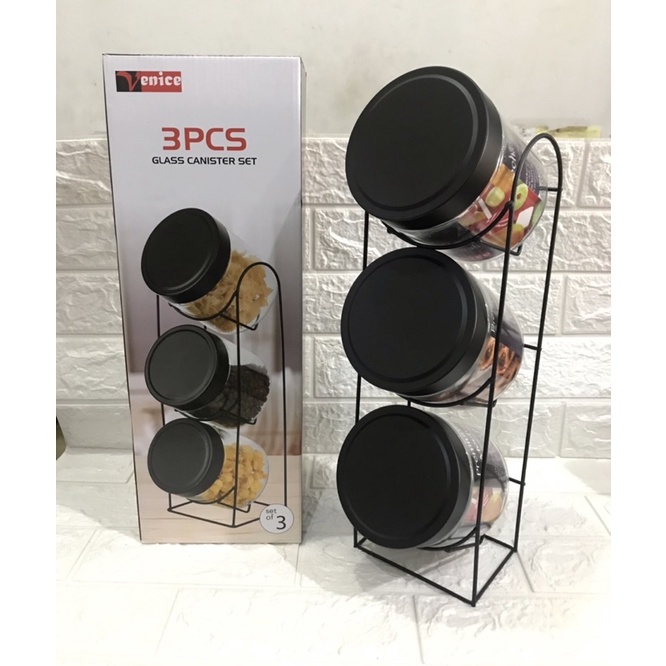 Toples kue lebaran kaca set 3pc + rak besi