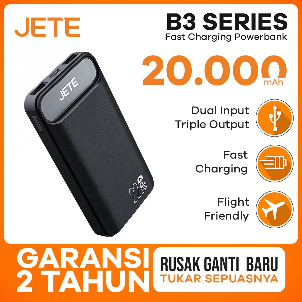 Power Bank 20000mAh Fast Charging PD 22.5W JETE B3 with Triple Output Garansi 2 Tahun