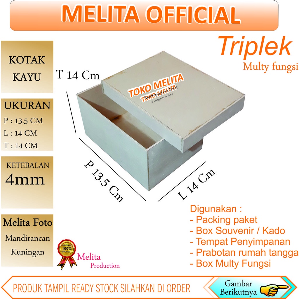 

Kotak 13.5x14x14 cm kayu teriplek 4mm box multi guna
