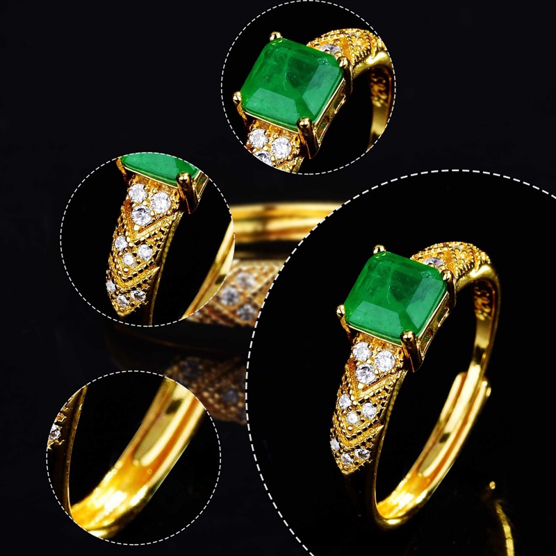 Fancyqube Cincin Batu Hijau Bentuk Kotak Warna Kuning Emas Gaya Vintage Untuk Wanita