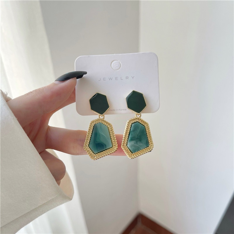 Anting Tusuk Gantung Bahan Sterling Silver 925 Desain Poligonal Warna Hijau Untuk Wanita