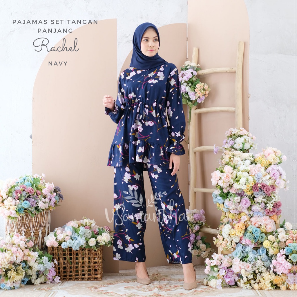 vSamantha - Pajamas Set / Piyama Set Muslim Rayon Rempel Busui Friendly - Tangan Panjang-Rachel Navy