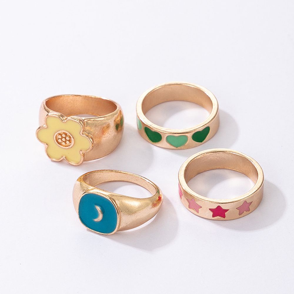 Needway  Korean Enamel Finger Rings Sweet Fashion Jewelry Rings Set Flower Moon Pearls Temperament Vintage For Women Dripping Oil