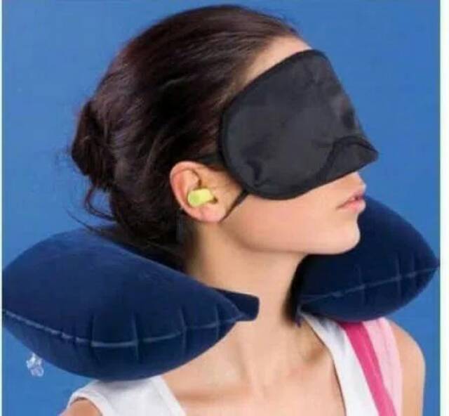 INFLATABLE TRAVEL PILLOW - BANTAL LEHER + PENUTUP MATA TELINGA