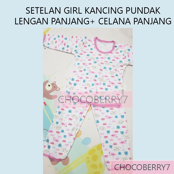 Setelan Baju Bayi Perempuan Anak Lengan Panjang Kancing Depan Pundak + Celana merk LittleQ Little Q