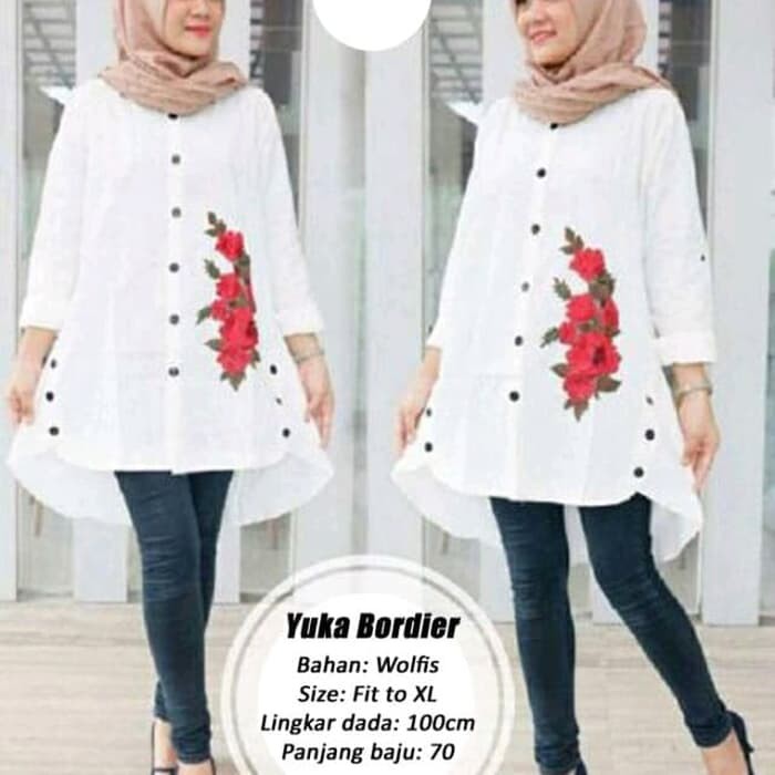 Baru 035 TUNIK LONG BLOUSE MUSLIM BORDIR PUTIH YUKA LINNA ThevaShop