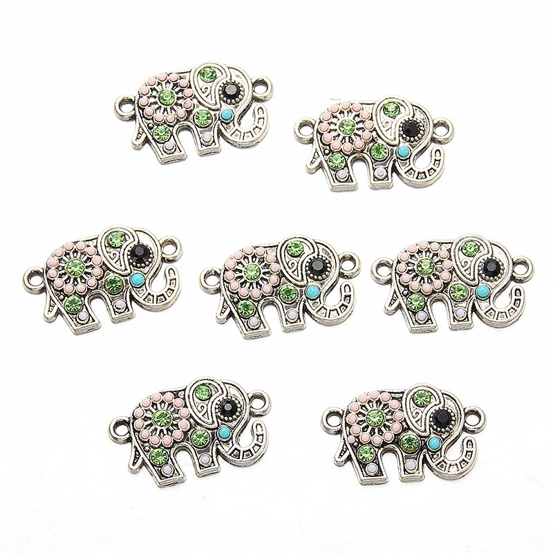 10pcs Liontin Bentuk Gajah Warna Silver Hias Berlian Hijau Handmade DIY Untuk Aksesoris Perhiasan