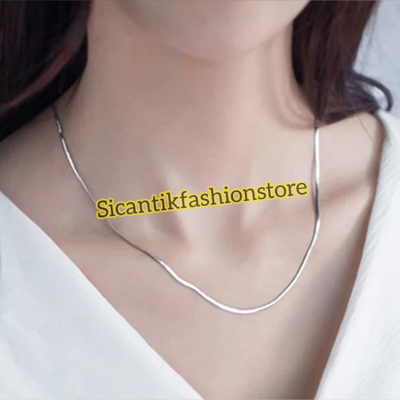 PROMO KALUNG TITANIUM PIPIH SILVER 45CM  PRIA/WANITA TERLARIS ANTI KARAT PERHIASAN LAPIS EMAS PUTIH