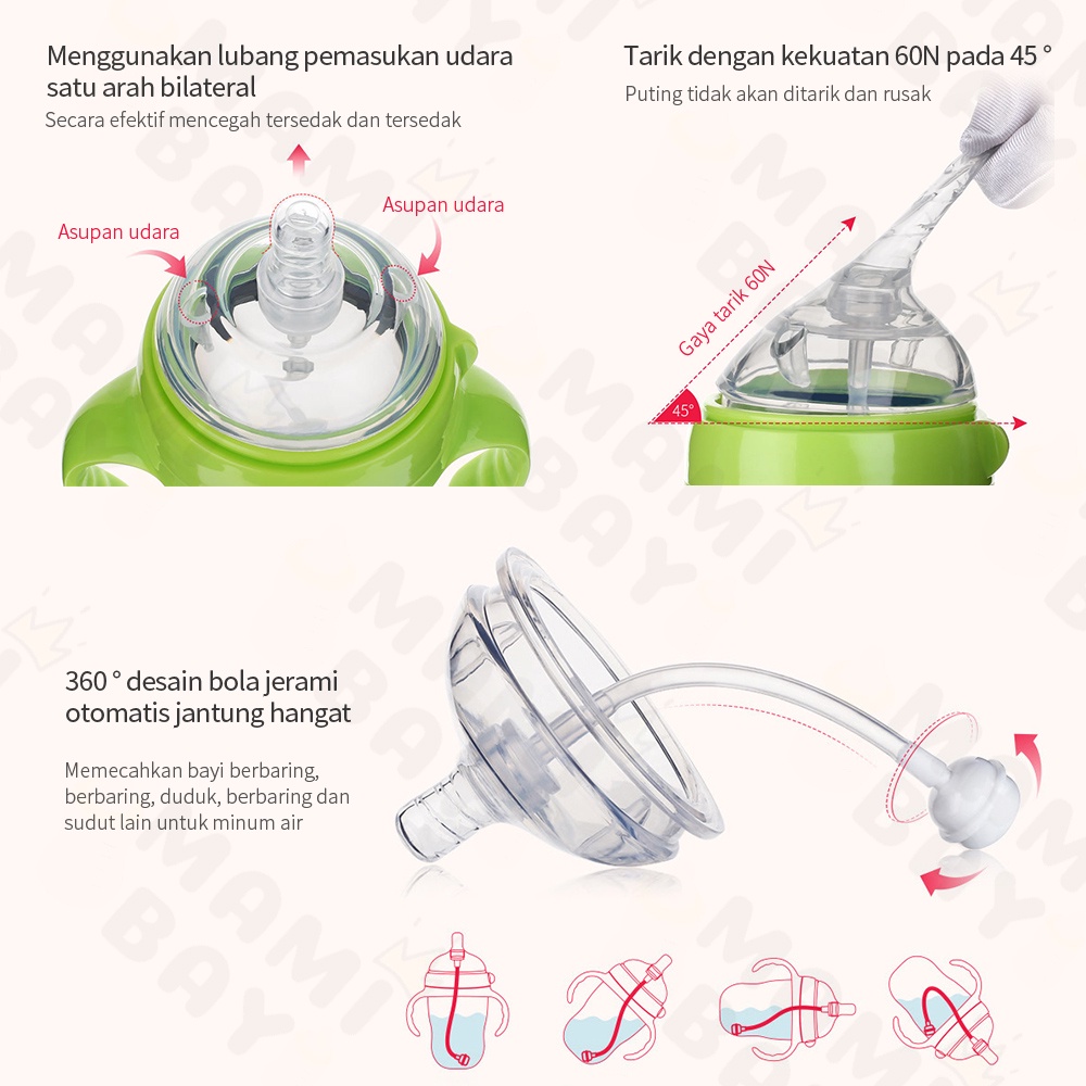 Mamibayi Botol susu silikon piko bello/Botol bayi dengan pegangan/ Baby bottle wide necke