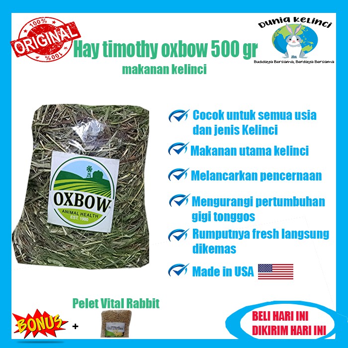 MAKANAN KELINCI HAY TIMOTHY OXBOW 500 GR GUINEA PIG MARMUT CHINCHILLA HAMSTER RUMPUT KERING JERAMI