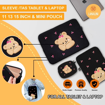 Sleeve Pouch Sarung Tas Bag Case Ipad Tab Tablet Macbook Air Pro Laptop Asus Acer Lenovo HP Huawei 11 12 13 14 15 inch Motif Gambar Beruang Bear Cherry Warna Pink Hitam Lucu Cute Murah Korean Model