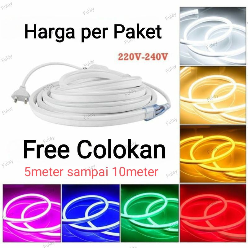 Paket Lampu Neon Flex 220v 5m 6m 7m 8m 9m10m meter Led Selang Fleksibel 220v Warna Neon Box Outdoor ip65 Huruf DIY 220v strip