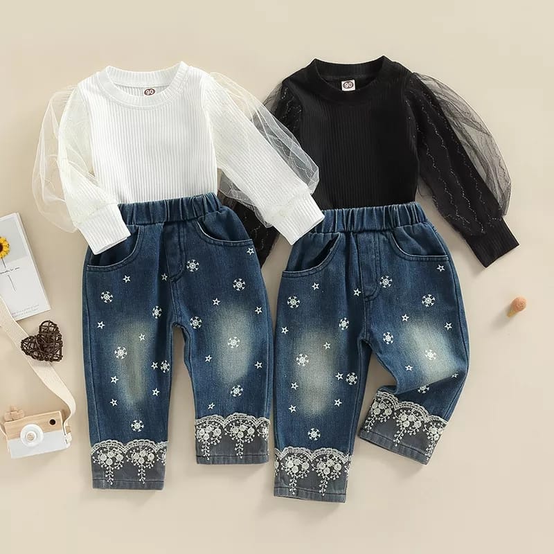 (LOLI-JKT) BS-270 STELAN ANAK CEWEK SNOWFLAKE HITAM DAN PUTIH SIZE 90-140
