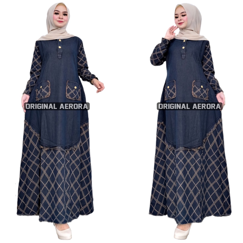 Baju Gamis Dewasa Jeans Jens Denim Wanita Terbaru 2023 Modern Busui Motif Gelembung Unik Kekinian Premium Ld 110 P 137 Aroona Maxy Allsize