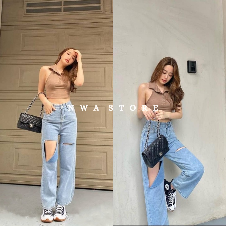 NWA - Jeans Wanita Kulot Alysia Sobek High Waist
