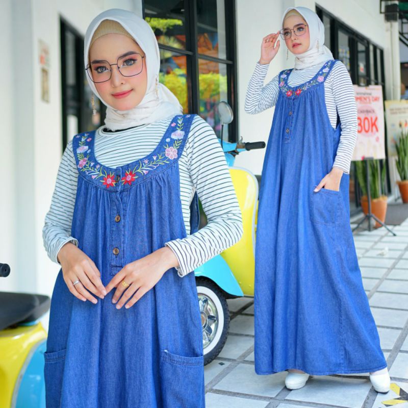 Giska Overall, OVERALL JEANS JUMBO WANITA SUPER CANTIK FIT XXL LD 126 BAHAN JEANS WASH IMPORT MIX BORDIR TERMURAH