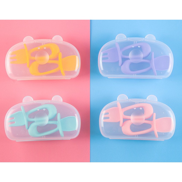 MD - Keola Set Silicone Baby Spoon &amp; Fork / Sendok Garpu Anak Silikon Free box penyimpanan