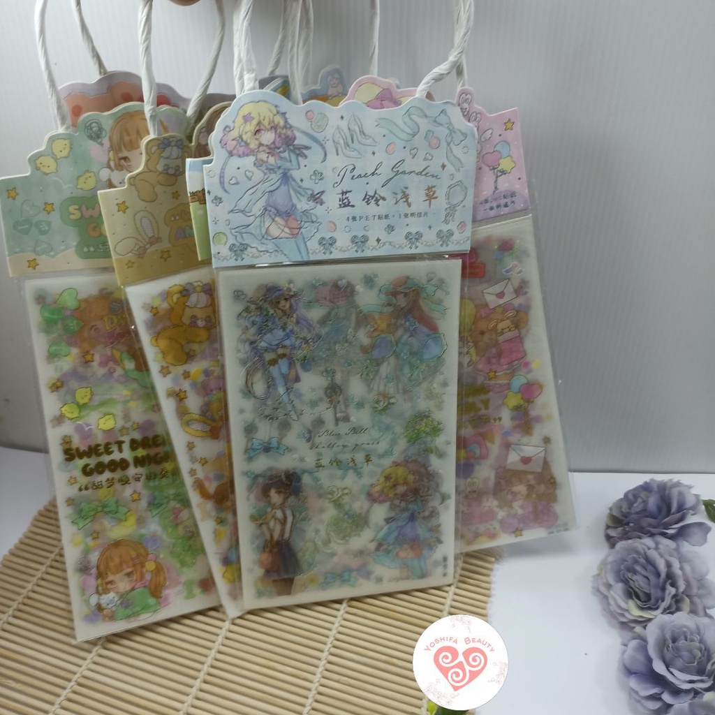 Sticker Tote Bag Lucu  Big 3 Sticker + Free 1 Kartu Pos | DIY Bahan PET Untuk Deco Scrapbook Diary Sticker Glitter Emas Lucu