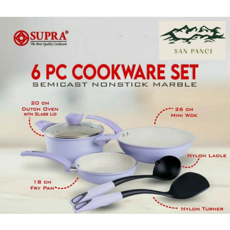 Baru Supra Panci 6 Pcs Cookware Set Semicast Nonstick Ivory Marble