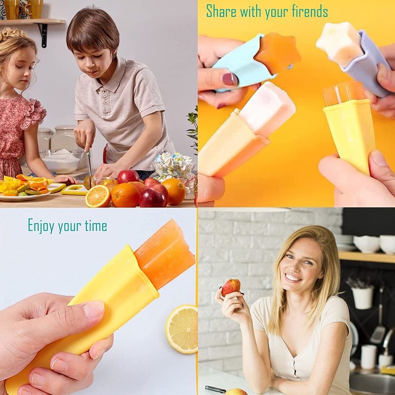 4PCS Creative Food Grade Children's Silicone Star Shaped Popsicle Molds For Healthy Snacks, Yogurt Sticks, Juice &amp; Fruit Smoothies