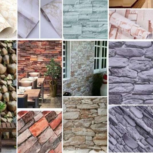 ➢ ( ) Wallpaper Sticker Dinding Batu Bata 3D | Batu Alam 3D | MARMER Putih Hitam Abu Orange Pink Cre