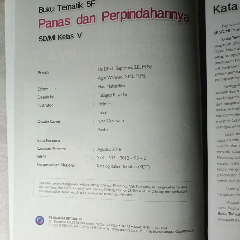 BUKU BEKAS TEMATIK TERPADU QUADRA 5F 'PANAS DAN PERPINDAHANNYA' KELAS 5 SD ( BEKAS )