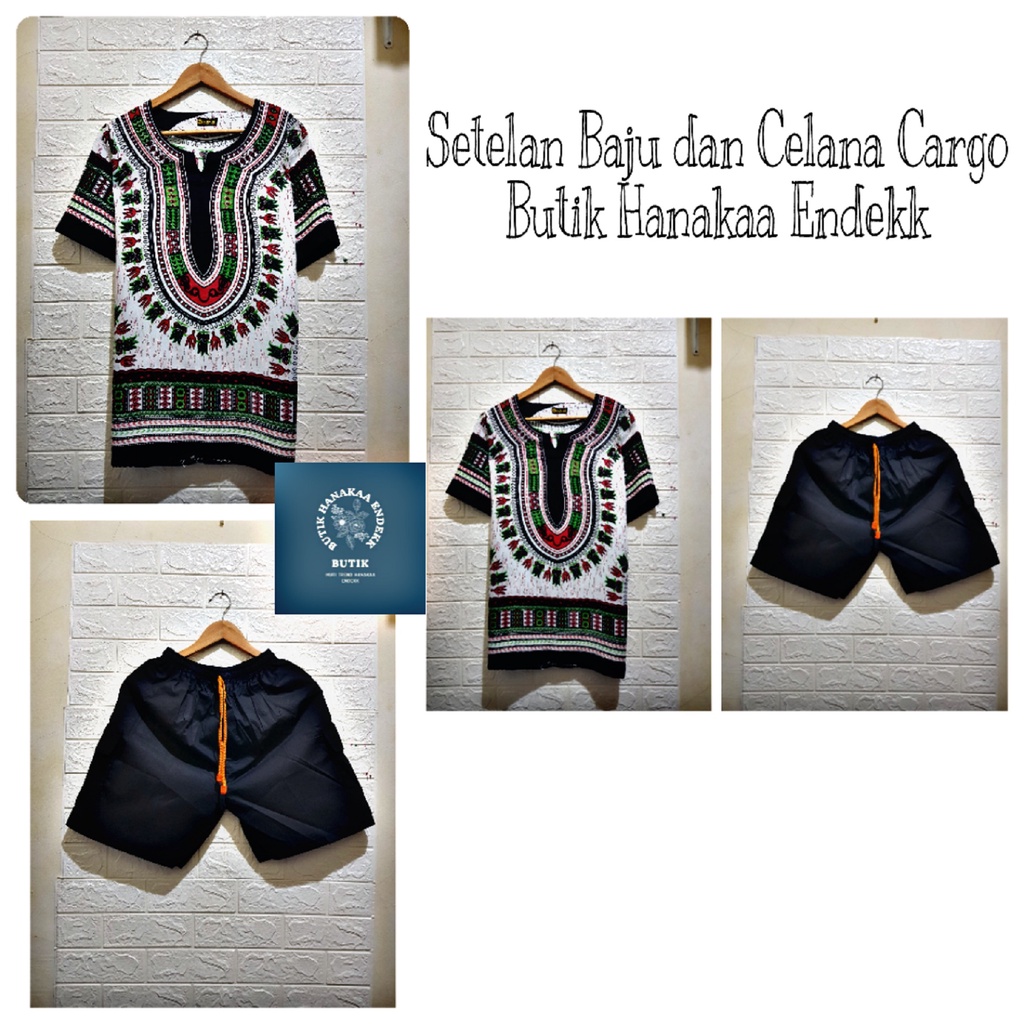 Setelan Baju dan Celana Cargo Etnik Dashiki Putih Lama Pria/Wanita (Unisex)