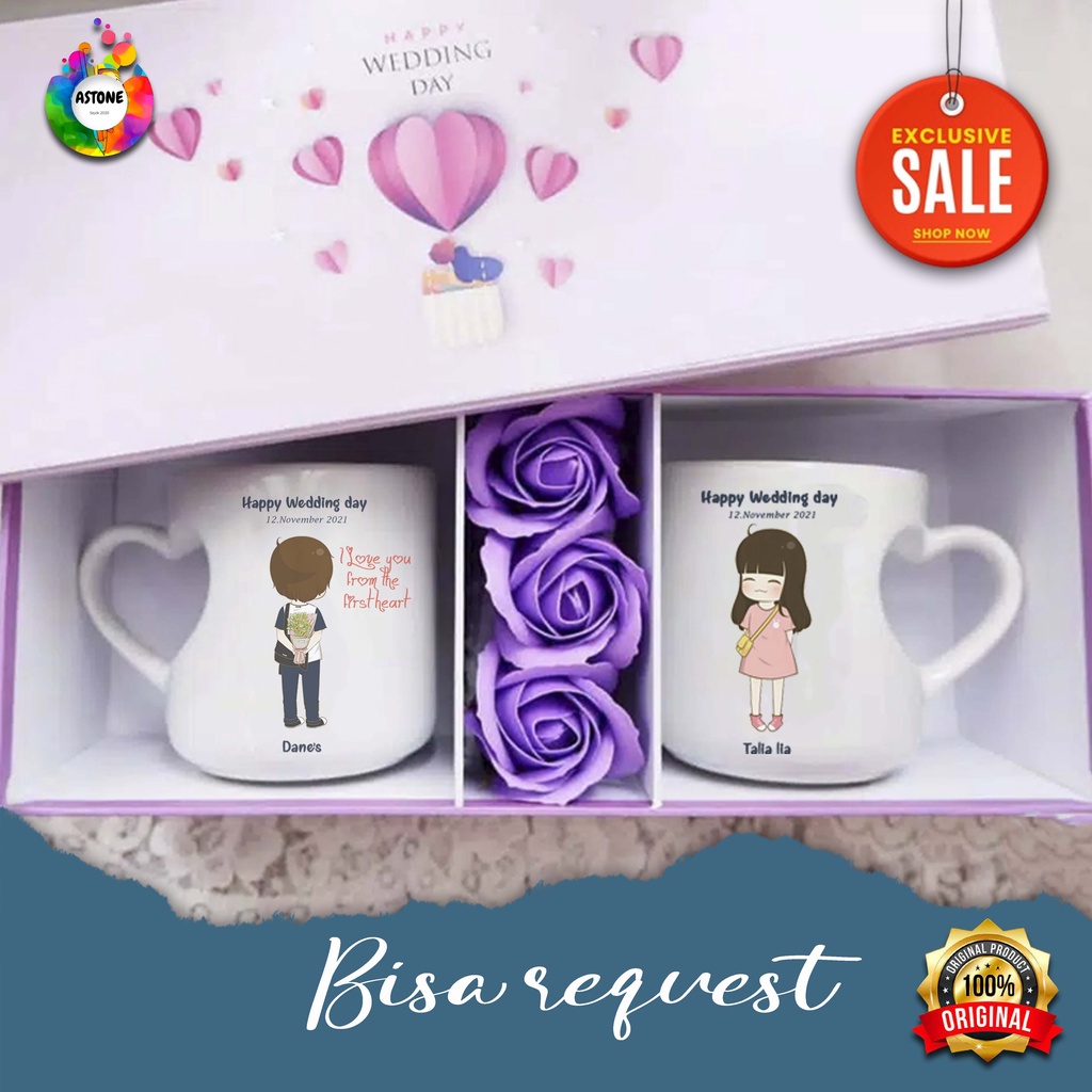 ASTONEMUG CUSTOM NAMA & FOTO TULISAN Wedding Pernikahan Mug Hati mug