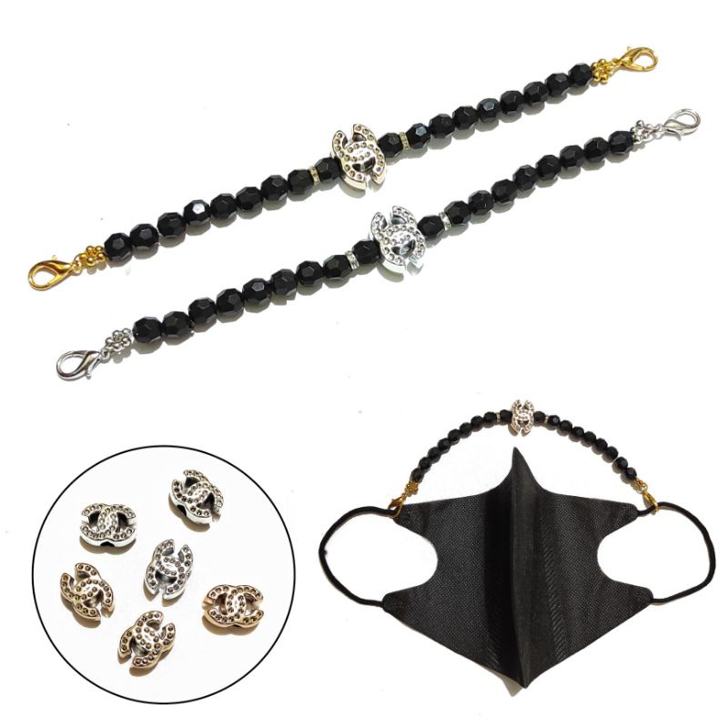 Konektor Masker Hijab Mask Connector Strap Extender Kylie Black Bold Crystal Diamond Zircon