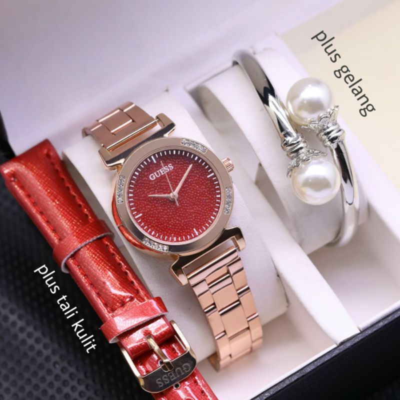 (COD) JAM TANGAN WANITA GUESS RANTAI ANALOG FREE STRAP DAN GELANG