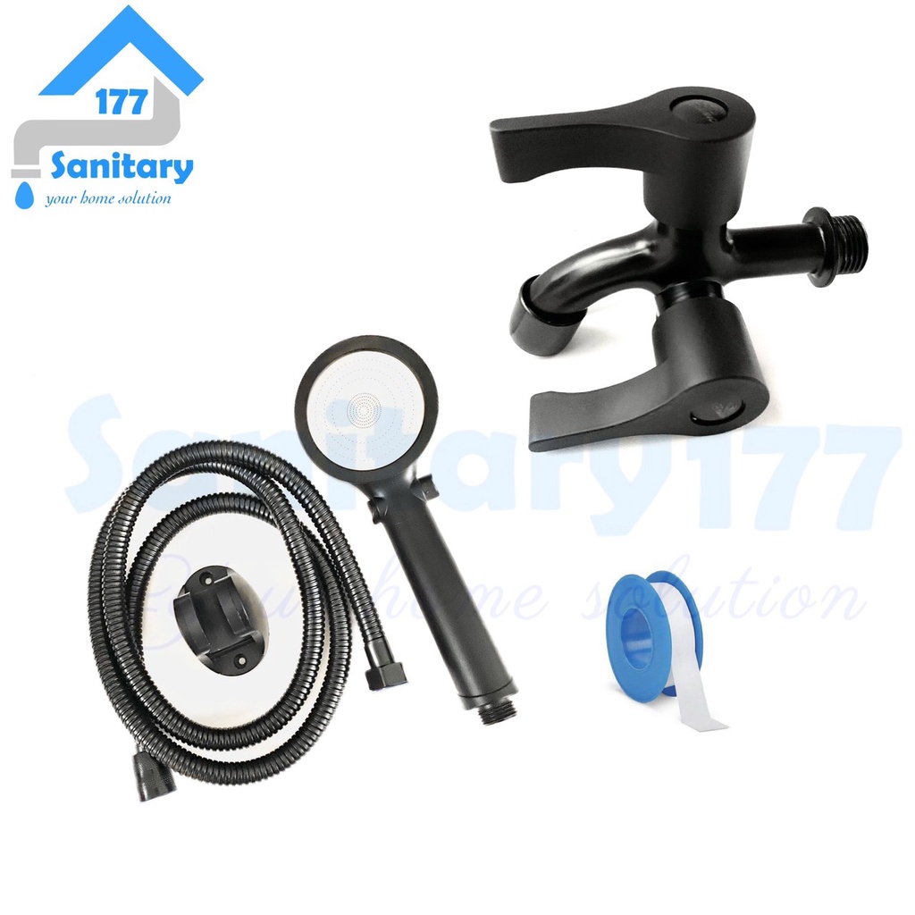 Paket Hand shower mandi 3in1 150FH dan kran cabang stainless black- Handshower mandi set tombol stop on off  semprotan sower mandi dan krran air double