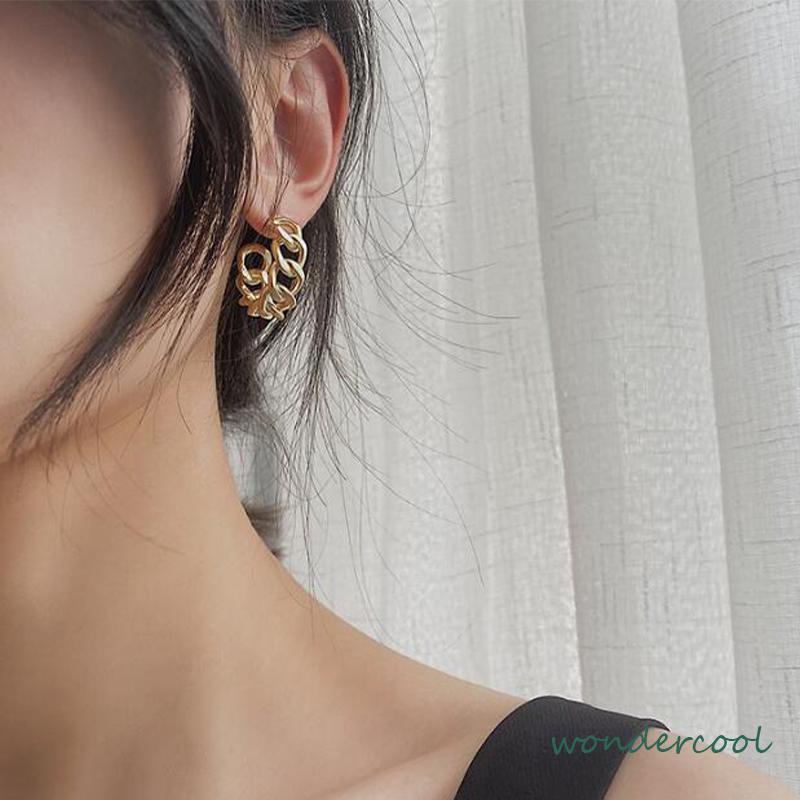 Anting Stud Model Rantai Rongga Bahan Logam Gaya Retro -Won