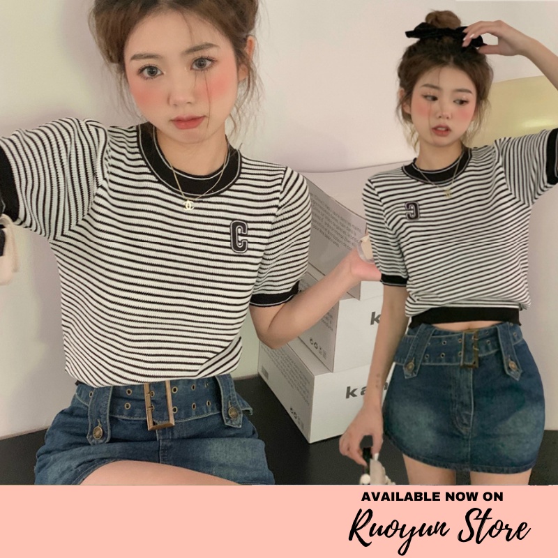 RYX - Stripe Vee Top Shirt Short Sleeves Korean Style Kasual Stripe T-Shirt Fashion Casual / Jalan-Jalan - Ori Import