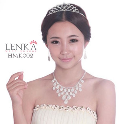 Paket Mahkota Kalung Anting Crystal Aksesoris Wedding Modern Lenka - HMK002