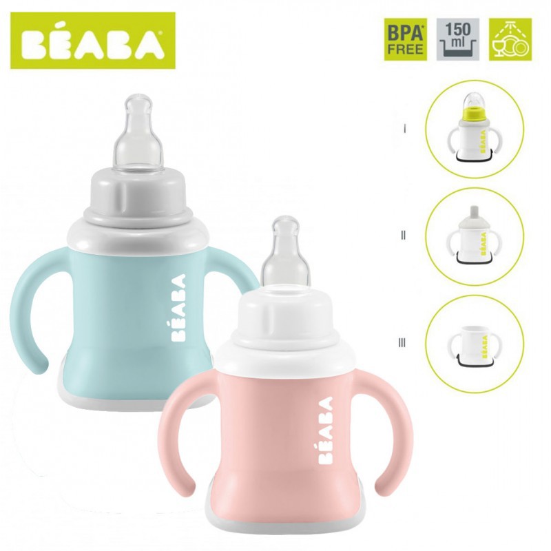 Beaba Evoluclip 3 In 1 Training Cup Gelas Anak 150 ml - Airy Green / Old Pink